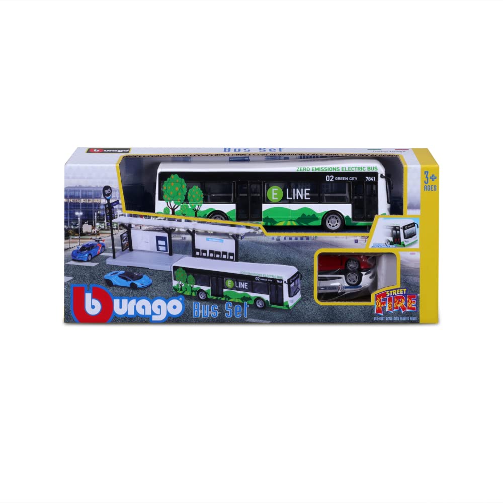 BBURAGO 1/64 TRASPORTI PUBBLICS - Playset City Bus + Station + 2 veicoli, blu o verde
