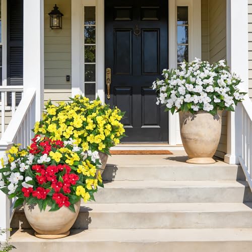 Image of Bassion 6 Bundles Artificial Flowers for Outdoors Fake Impatiens, Colorful | UV resistant, silk flowers, no fade realistic faux plants, outside patio garden porch planters window box balcony home decor