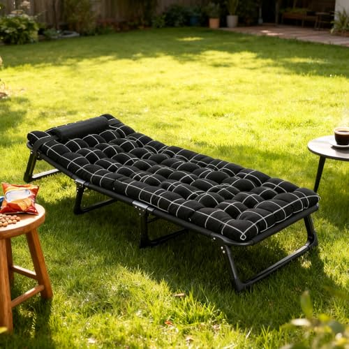 Tifemap Lit Pliant 1 Personne avec Matelas en Coton Perle Faux, Lit de Camp Pliable Réglable 4 Positions pour Camping, Maison, Jardin – Cadre Acier Résistant 200kg, Compact et Portable (Noir)