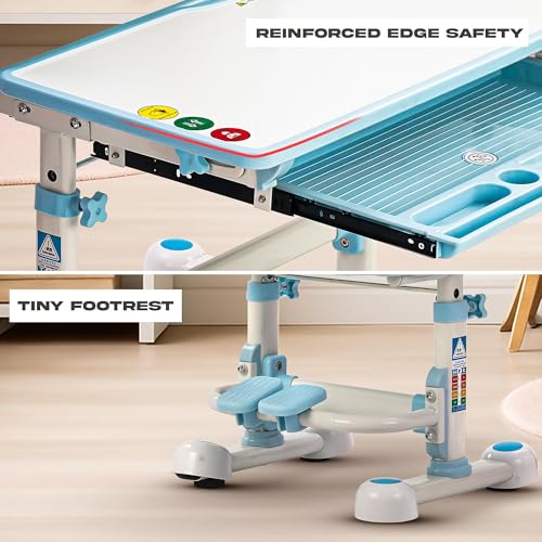 Image of BAYBEE Baby Study Table with Chair for Kids | Ergonomic Study Table with Height Adjustable Desk & Chair | Functional Study Desk with Book Storage, Drawer, Multi Shelf, Footrest for 2+ Years kids(Blue)