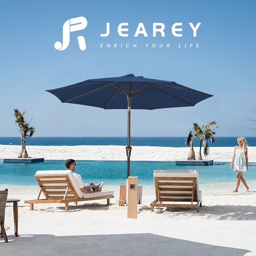 Image of JEAREY 9FT Outdoor Patio Umbrella Outdoor Table Umbrella with Push Button Tilt and Crank, Market Umbrella 8 Sturdy Ribs UV Protection Waterproof for Pool, Deck, Backyard, Garden (Blue)