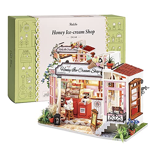 Rolife DIY Miniature Dollhouse Kit Miniature House Kit with Furniture and LED,Tiny Building House Kit,Best Gift for Kids(DG148 Honey Ice-Cream Shop)