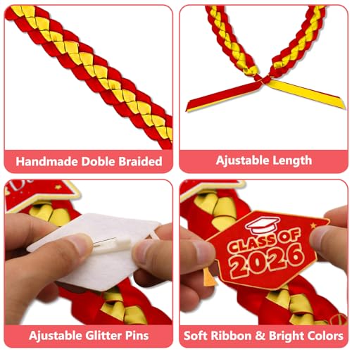 Image of Graduation Leis Class of 2026 Decorations, Handmade Double Braided Graduation Ribbon Leis with Glitter Pins for Him Her High School College Congrats Party Supplies (Red & Gold)