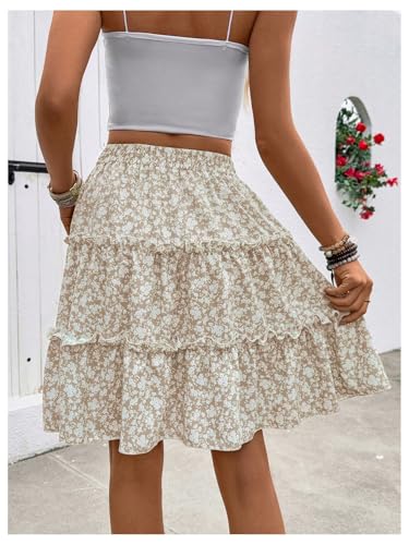 Verdusa Women's Boho Floral Tiered Ruffle Skirts Drawstring Flowy Flared Knee Length Skirt2