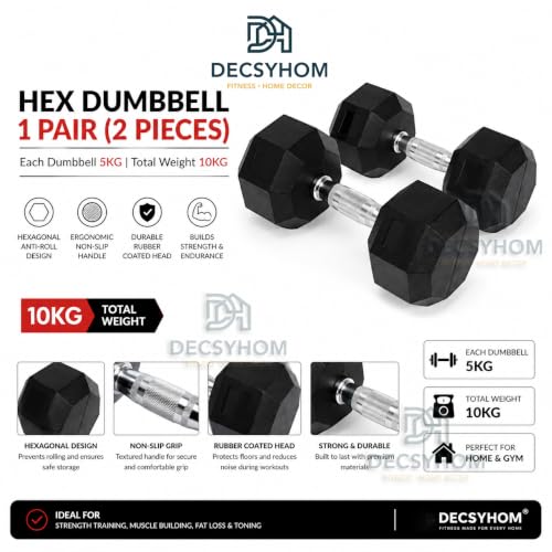 Image of Hex Rubber Dumbbell Set (2 x 2.5KG) | Anti-Roll Hex Dumbbell Gym Set | Chrome Knurled Grip | Home Gym Dumbbell Set | Strength Training, Fitness & Muscle Building (5 Kg)