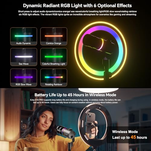 COMICA D10 Pro D Combo XLR USB Dynamisches Mikrofon mit Empfänger-Desktop-Mikrofonständer für Gaming/TikTok/Podcast-Aufnahmen, unterstützt RGB-Licht-Stummschalttaste für PC,Smartphone,Computer (weiß)