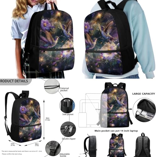 Hummingbird Flower 17 Inch Backpack Set School Bag with Insulated Lunch Portable Bag Pencil Holder Organizer 3 Piece for Children Boys Girls Teens Schoolbag Knapsack2