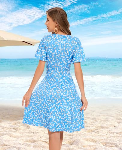 Image of Casual Summer Sundress for Women Wrap V Neck Floral Short Sleeve Swing A-Line Midi Dress(1-KB,Large)