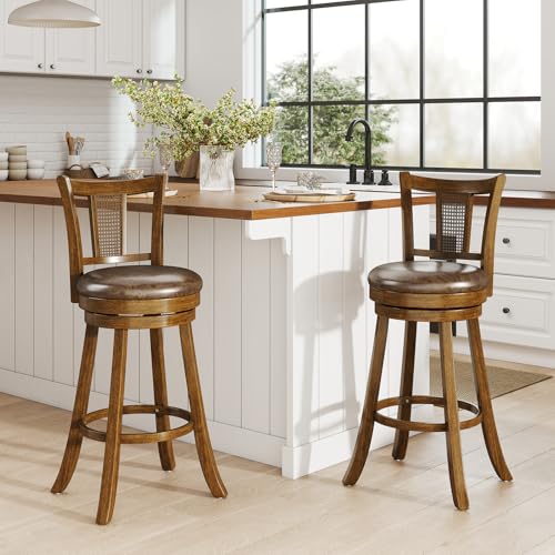 Butacos Giantex de 30 pulgadas, juego de 2 butacos giratorios para barra con respaldos de ratán PE, reposapiés y estructura de madera de caucho, tapizados en leathaire, estilo rústico para isla de cocina, comedor o pub, color marrón miniatura 6