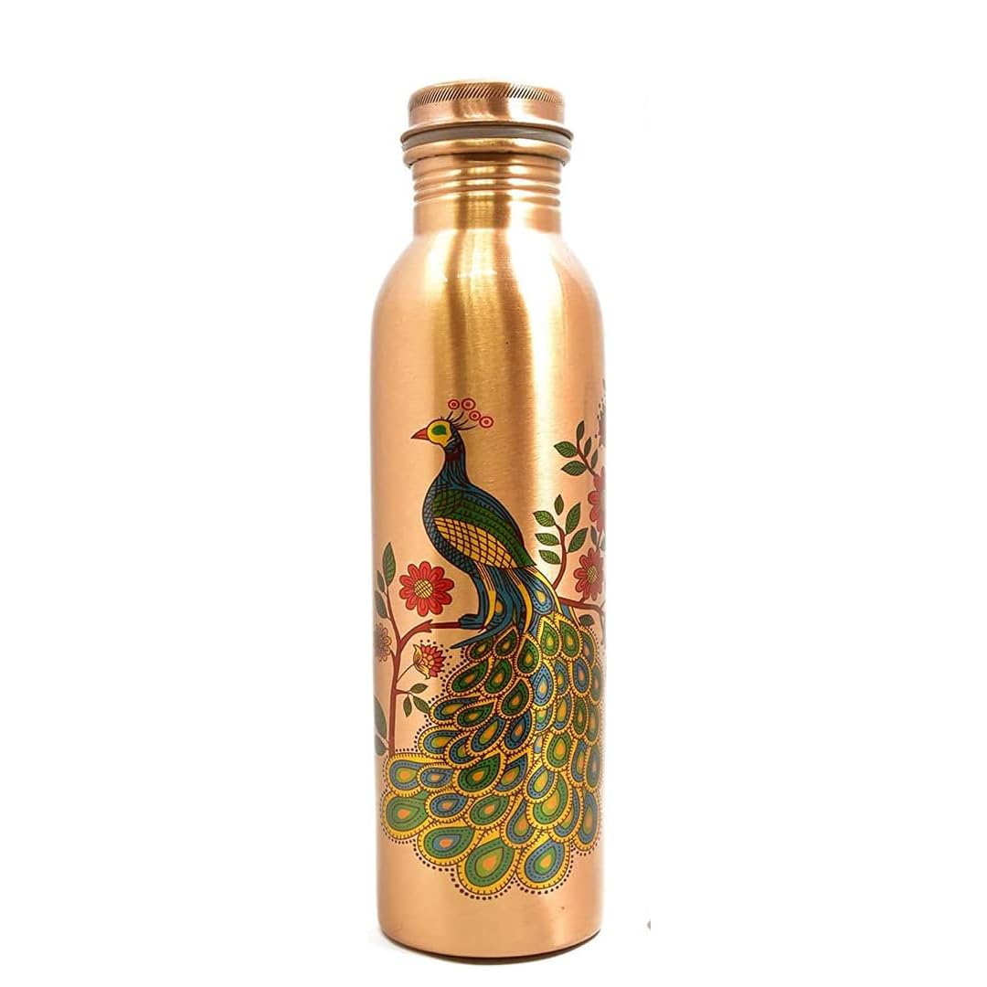 VOIDROP-Pure Copper Water Bottle-Copper bottle- Copper Vessel-An Ayurvedic Pure Copper Water Bottles-Capacity 34 Oz Copper Bottle for Home (Copper Bottle with Peacock Print, Copper)