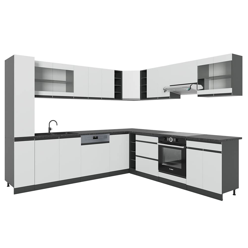 Vicco Eckküche R-Line, Weiß/Anthrazit, 277 x 257 cm J-Shape, AP Anthrazit, zur flexiblen Zusammenstellung und Erweiterung geeignet