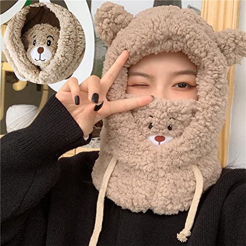 Warm Plush Bear Hat with Face Protection, Winter Cute Bear Ear Warm Hat Women Plush Hats Windproof Warm Scarf One-Piece Hat (Brown)2