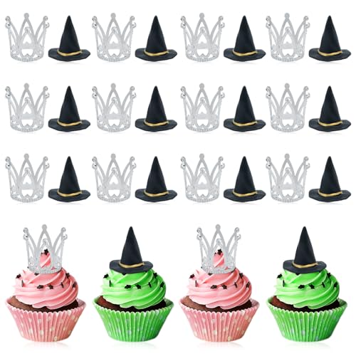 24 Pcs Witch Hat and Crown Cake Topper,Wicked Cake Topper and Wicked Cupcake Toppers,For Party, Birthday Cake, Craft Decoration