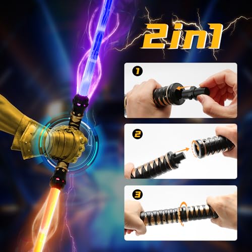VATOS 2PCS Lichtschwert für Kinder Erwachsene,15 Farben Changeable Lichtschwert mit Soundeffekten, 2-in-1 Einziehbares LED Lichtschwert Spielzeug für Halloween Cosplay Christmas Parteien