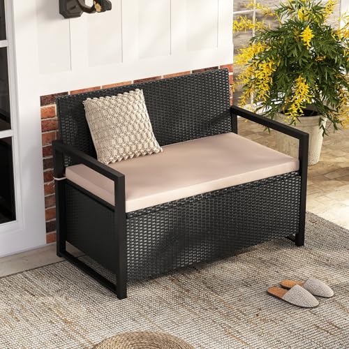 Image of Tangkula 40 Gallon Outdoor Bench with Storage, Patio Wicker Storage Bench with Cushion, Cover, Metal Frame, Deck Box Seat for Backyard, Poolside, Balcony, Garden