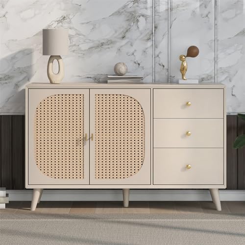 VRYGLEN Beige Rattan Sideboard mit Viel Stauraum, 120 cm Breit, Rattan Kommode für Esszimmer und Wohnzimmer，Sideboard Wohnzimmer mit Schubladen und Türen