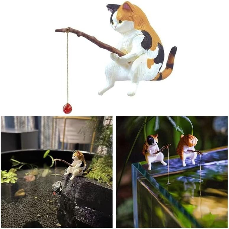 Miniatura 2 de Decoración de acuario Animal Miniatura Pesca Gato Pequeño Juego de Estatuillas Seguro para Agua Dulce y Agua Salada Pequeñas Peces Pesca Gato