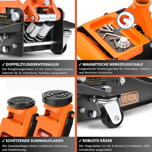 Verda Wagenheber hydraulisch 3T Hubhöhe 75-515 mm, 2X Gummi, mit Schmiernippel, Doppelpumpsystem...
