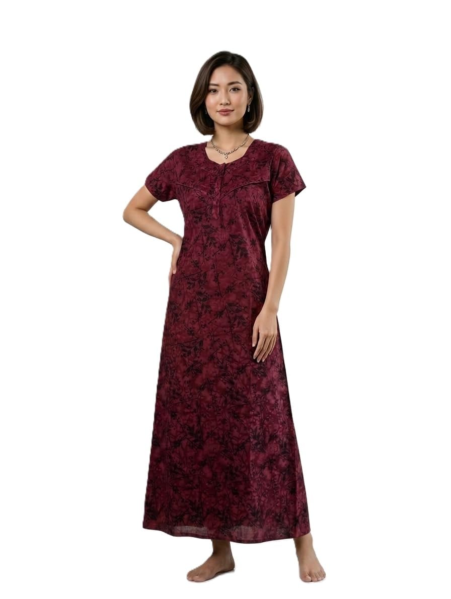 Cotton Feeding Gown for Women | Maternity Nursing Maxi with Zip Opening at Bust | Floral Leaf Printed Feeding Sleepwear Multipurpose Nighty | Free Size (Fit to M to XL), Pink-image-8