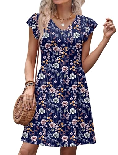Image of OFEEFAN Summer Dresses for Women Beach Vacation Clothes V Neck Ruffle Sleeve Babydoll Dress Elegant Classy Sundress