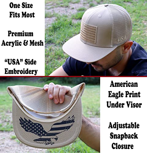 Image of Antourage American Flag Unisex Baseball Hat for Men and Women | USA Flag Mesh Snapback Flat Visor Cap + 2 Patriotic Patches