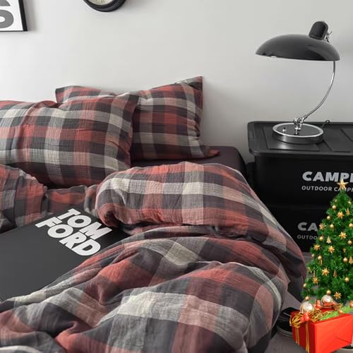 Image of VM VOUGEMARKET Red Gingham Duvet Cover King Muslin Cotton Plaid Bedding Set Soft Breathable Linen Like Gauze Comforter Cover with Zipper Closure for Adults-3 Pieces,104 inchx90 inch