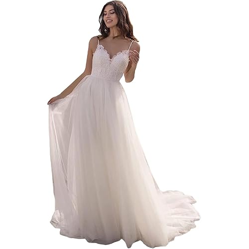 Loyeloy Women's Wedding Dresses for Bride 2025 Sexy V Neck Slit Lace Bridal Wedding Gowns for Bride YJ010