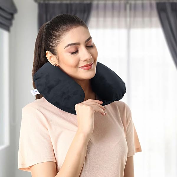 Image of Memoir Memory Foam U-Neck Travel Pillow - Black | Neck Support for Aeroplane, Car, Train, Bus | Soft Velvet Cover | Durable & Skin-Friendly - for Men & Women