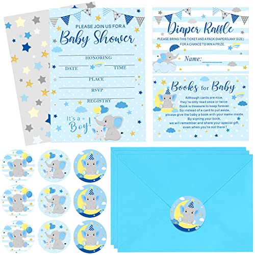 25 Set Baby Shower Elephant Invitations for Boy with Envelopes Diaper Raffle Tickets and Baby Shower Book Request Cards 2 Sheet Elephant Stickers for Boys Girls Gender Reveal Party Supplies