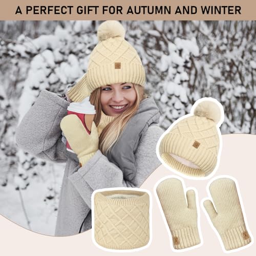 Bseical Mütze Schal Handschuhe Set Damen Winter Warme Wintermütze mit Bommel & Weiches Fleecefutter, Loop Schal Schlauchschal Winterschal Winterhandschuhe für Weihnachten Geschenk für Frauen 3in1 Set