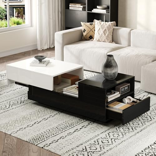 OKMYHOME Table Basse Moderne Laqué avec Plateau Coulissant et 2 Tiroirs, Rangement Intégré, 100×50×38 cm, Blanc+Noir