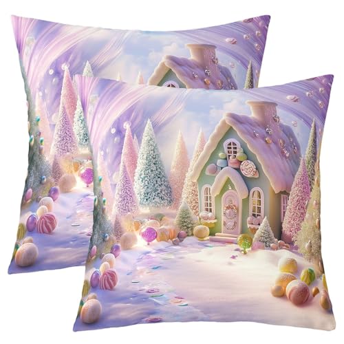 Loussiesd Fundas de almohada de Navidad de color morado y rosa para el hogar, sofá, cama, árbol de Navidad, casa de jengibre, 40 x 40 cm, decoración de habitación de niños, fundas de cojín de caramelo