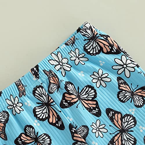 Emmababy Toddler Girl Bell Bottom Romper Baby Floral Print One Piece Ribbed Cotton Jumpsuit Flare Pants Overalls Summer Clothes (Outfit-Blue Butterfly, 12-18 Months) #TOP4
