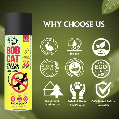 Image of BOB CAT Herbal Lizard Repellent for home 2X Advance best Formula India's First Aerosol Based Lizard Spray | Lizard Repellent Spray | 15 days Protection from Lizard | Irritant-Free & Chemical-Free | Pack of 2 | 200ml |