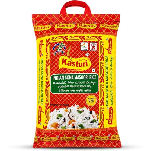 Kasturi Pure Indian Sona Masoori Rice- 9 kg (White) - Authentic Masuri Aromatic Grains of Bangaru Theegalu Rice for Every Dish
