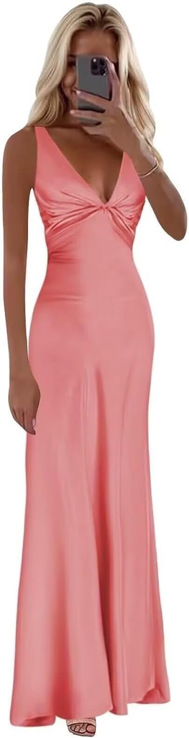 SNOWROSE Satin Bridesmaid Dresses for Women V Neck Mermaid Long Formal Prom Gowns Halter Evening Dress with Back Tie