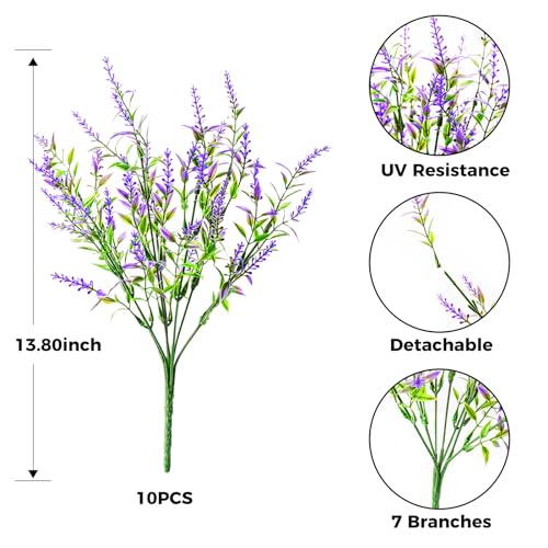 MagicBean 10 Pcs Artificial Lavender Flowers,UV Resistant Small Artificial Plants,Faux Plastic Greenery for Indoor Outside Hanging Plants Garden Porch Window Box Home Wedding Decor (Purple)