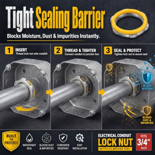 Image of Moxweyeni 50 Pcs 3 /4 Inch Electrical Conduit Lock Nut with PVC Molded Gasket Galvanized Steel Electrical Conduits Sealing Locknut for Rigid IMC Chemical Pipelines and Industry