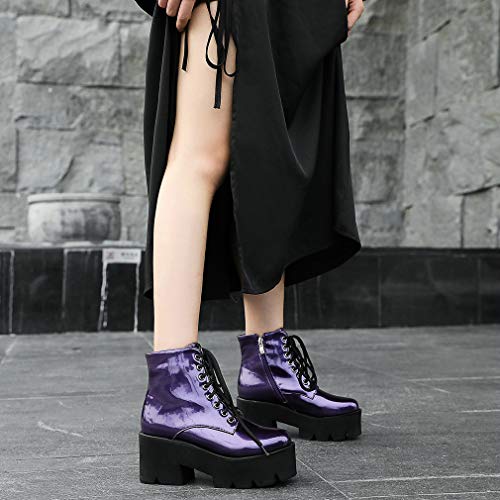Image of Parisuit Womens Goth Patent Ankle Boots Platform Chunky Combat Boots | Lace Up, Gothic Boots, High Heel, Punk Short Booties, Buckle Boots, Chain Boots