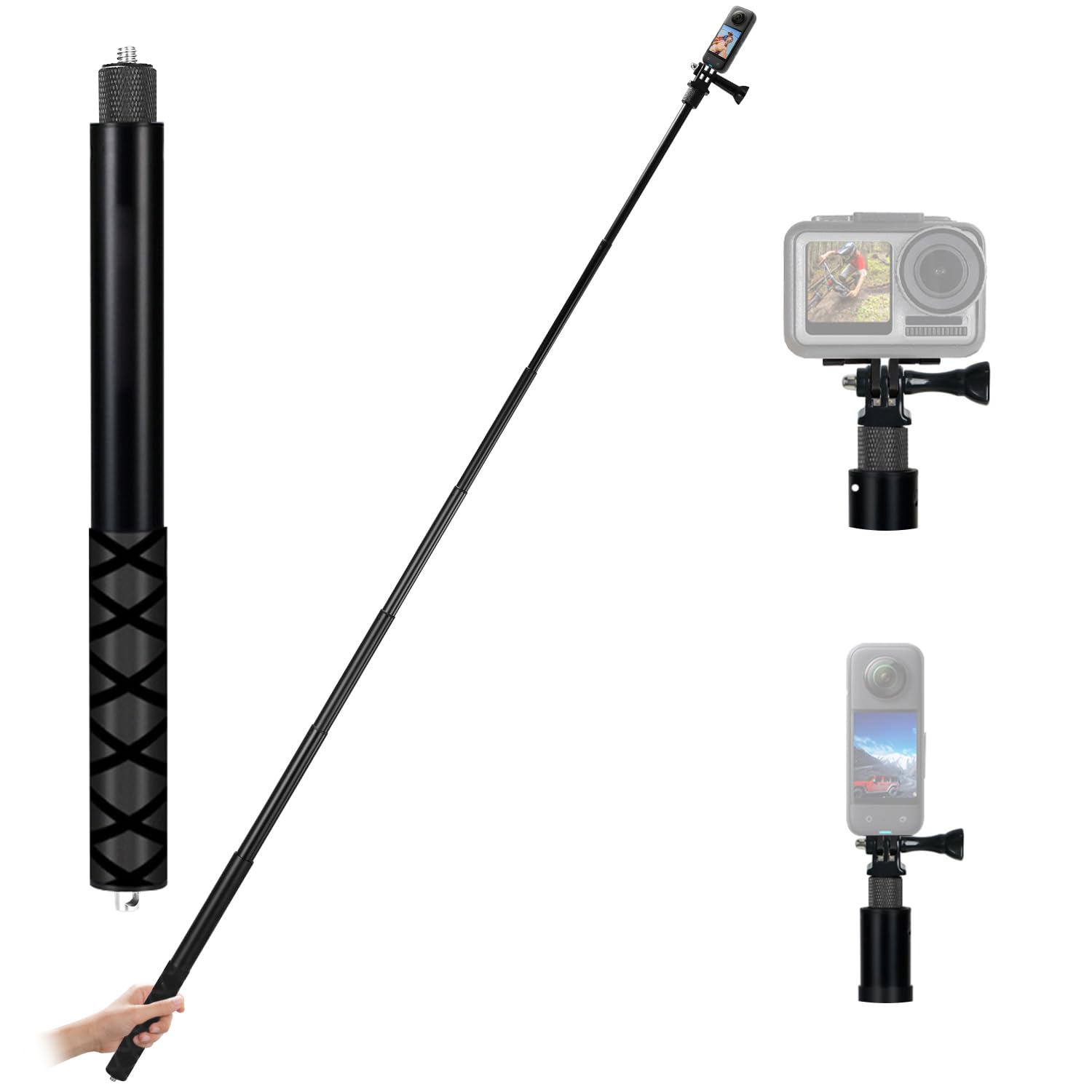 150cm Invisible Selfie Stick Aluminium, Dehnbarer Verlängerungsstab für Insta360, für GoPro, DJI, Action Kamera, Im Freien Sport Handstange mit Zubehör, Bergsteigerschnalle, 1/4 Schraube