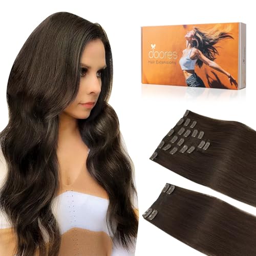 Image of DOORES Real Human Hair Extensions, Light Dark Brown 18 Inch 150g 9pcs, Clip in Remy Hair Extensions, Thick Natural Hair