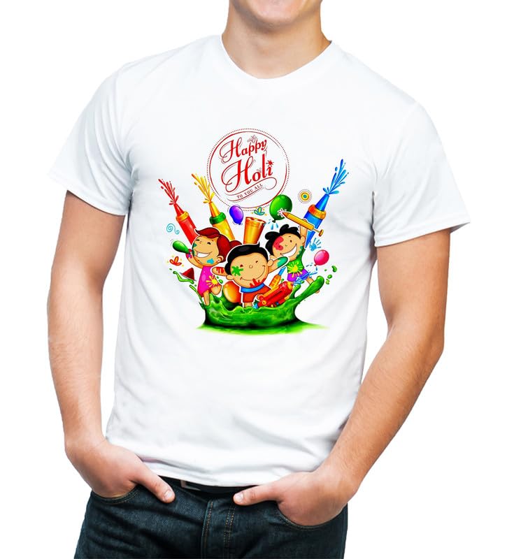Image of Knitted Polycotton Fabric Regular Fit Men Boys Half Sleeve T-Shirt for Festival of Holi Style 18 White Size : Free