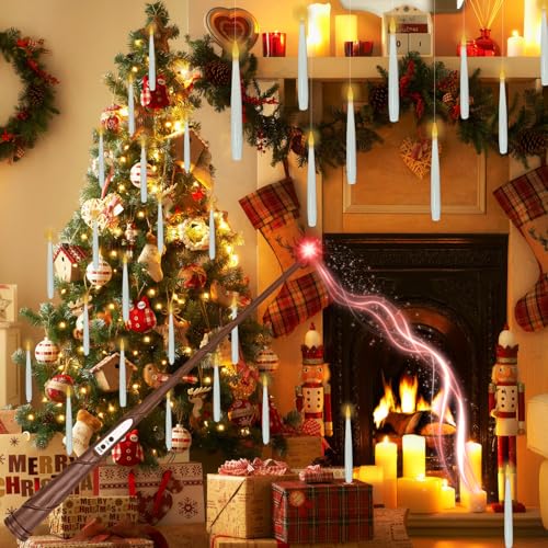 Christmas Decorations, 20 PCs Floating Candles with Wand, Magic Hanging Candles, Flickering Warm Light Flameless Floating LED Candle with Wand Remote, Battery Operated Taper Candle Set for Theme Party