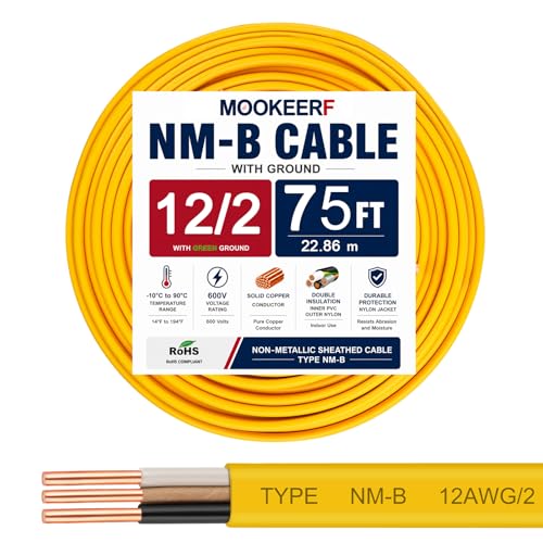 Image of 12 /2 Wire with Ground - 75FT 12 Gauge NM-B Non-Metallic Sheathed Cable 100% Pure Copper 12 AWG 2 Conductor Residential Indoor Wire for Outlets, Switches, Other Loads and Lighting Wiring Projects etc.