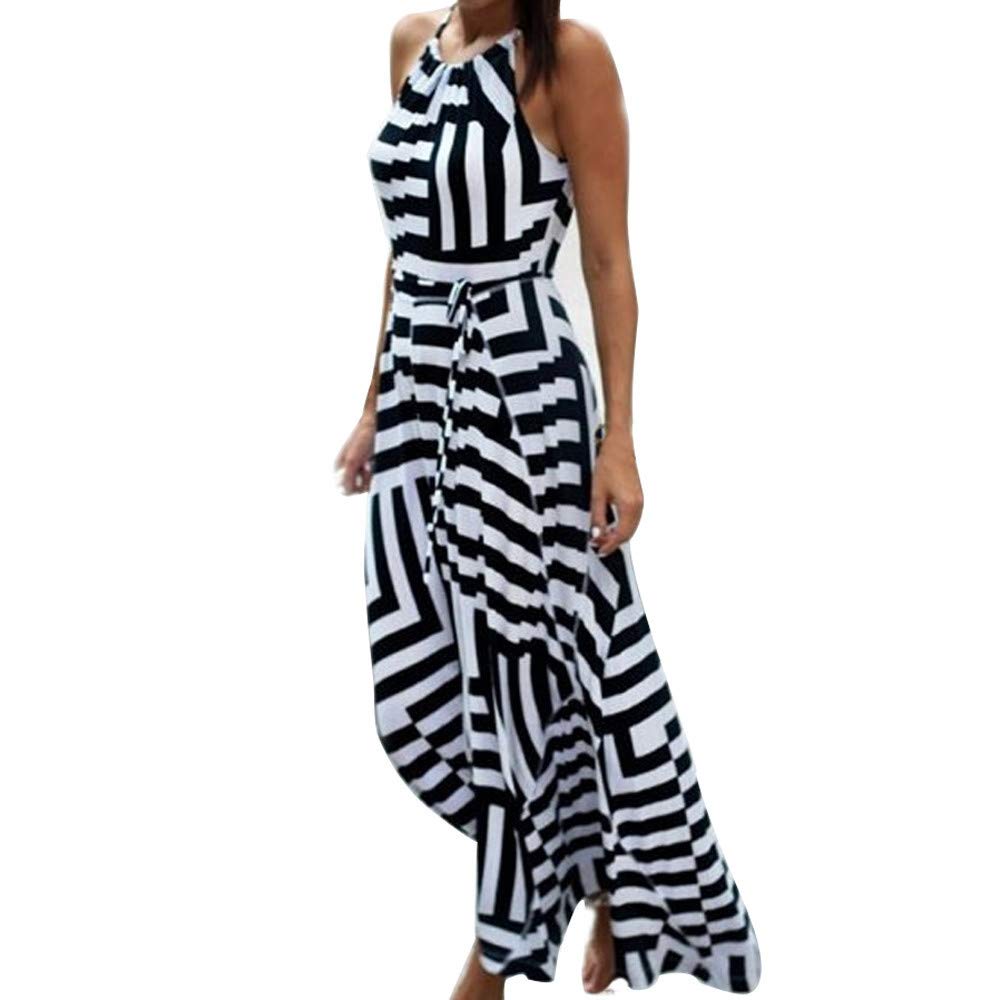 NUSGEAR 2024 Vestidos Largo para Mujer Vestido sin Manga Elegante Primavera Verano Impresión Raya Bolsillos Casual Vestidos Cuello en V Fiesta Moda Playa Suelto Vestido de Noche Vacaciones