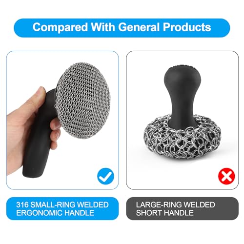 Image of Upgraded Fine-Ring Chainmail Scrubber with 3.5 inch Diameter Large Brush Head and Ergonomic Handle, 316 Stainless Steel Cleaner for Deep Pots, Large Skillets, Heavy Cookware