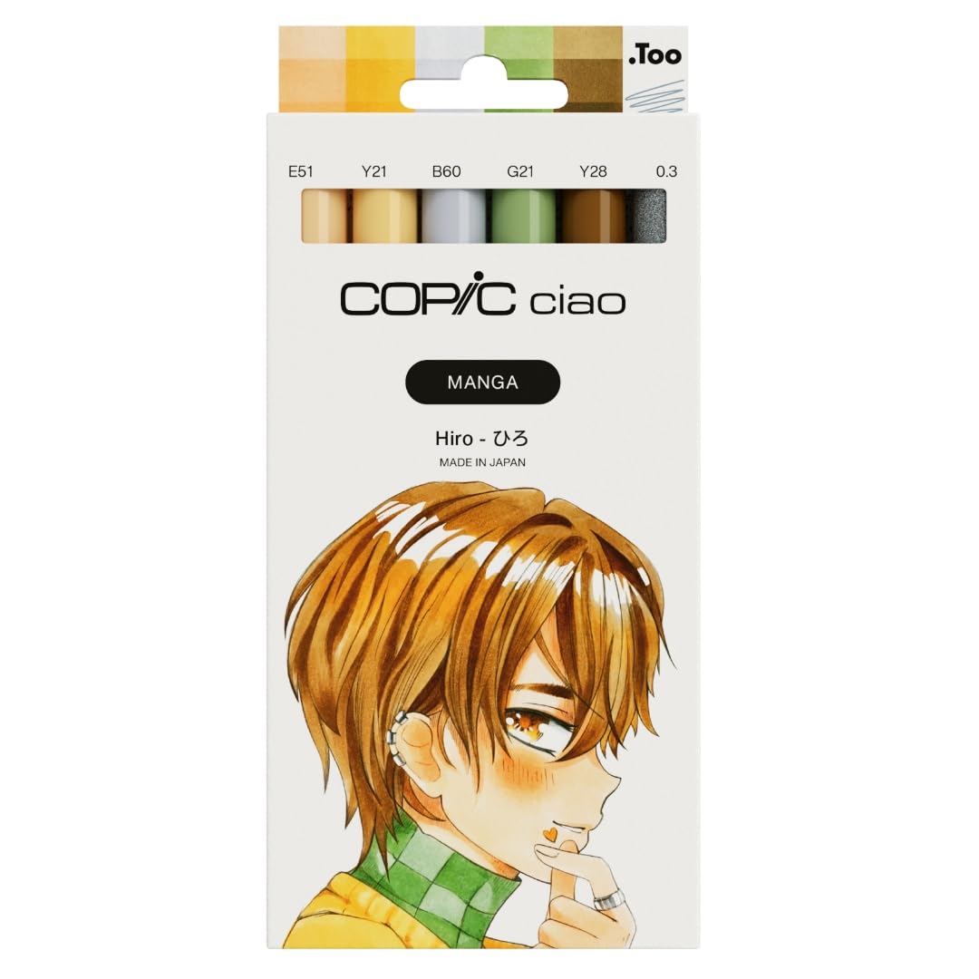 Copic Ciao MANGA Hiro Marker Set with 5 Warm Yellow and Brown Tones Including 1 Multiliner 0.3 mm in Grey, Twin Marker with Medium Width and Brush Tip