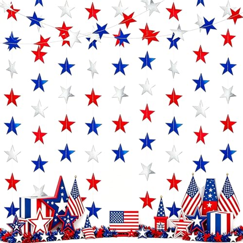 QIHANS 6 Pack 13ft Patriotic Star Garland Red White Blue Hanging Glitter Star Streamer for 4th of July Independence Day Memorial Veterans Labor Day Party Decorations