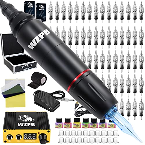 WZPB Machine Kit Rotary Pen Machine Kit with Power Supply Foot Pedal 40Pcs Cartridges Transfer Paper Grip Tape 7Pcs Ink 100Pcs Ink Caps for Beginners or Artists