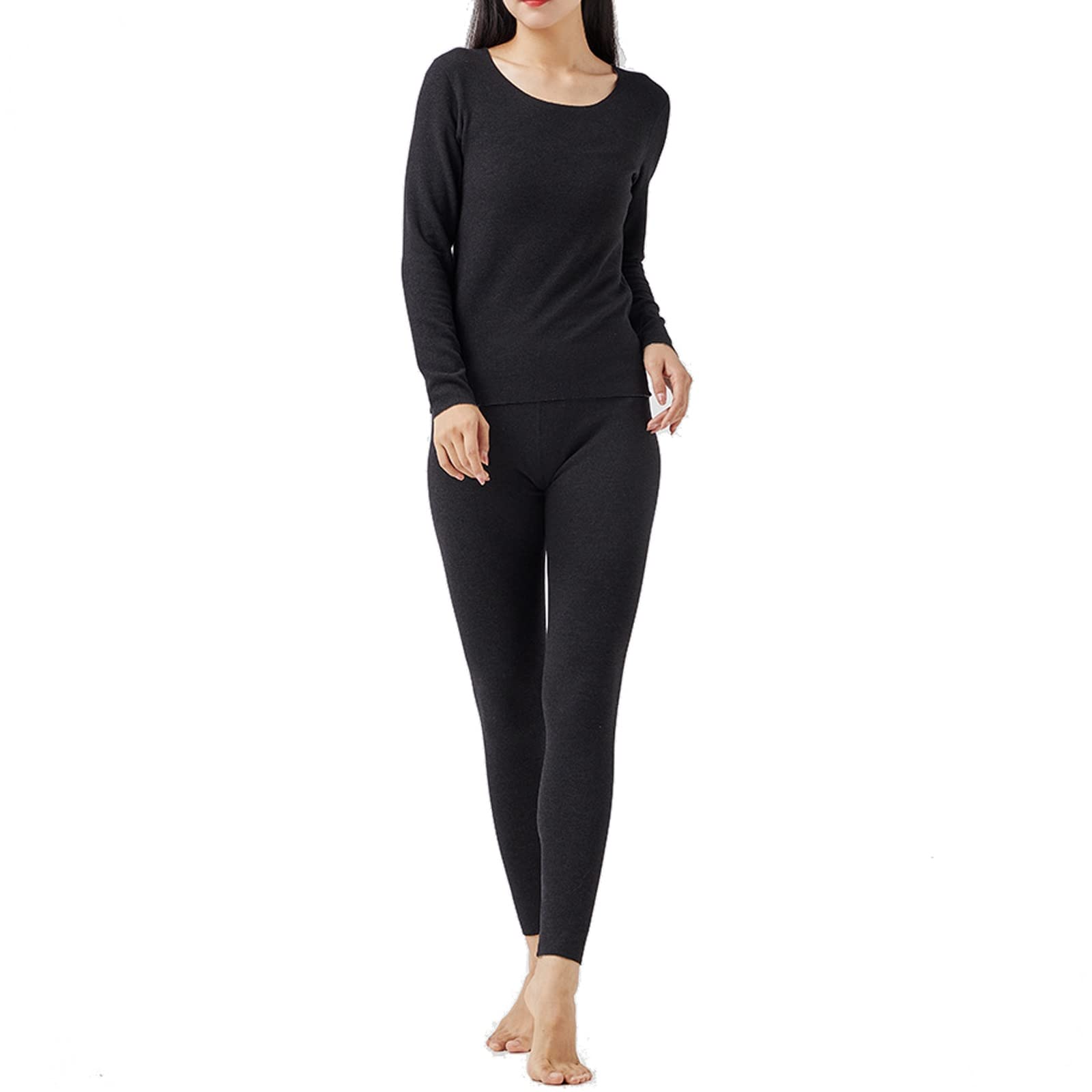 Termica Ropa Mujer, Algodón Conjunto Térmico Deporte Negro, Cuello Redondo Camiseta Termica y Pantalon Múltiples Tamaños